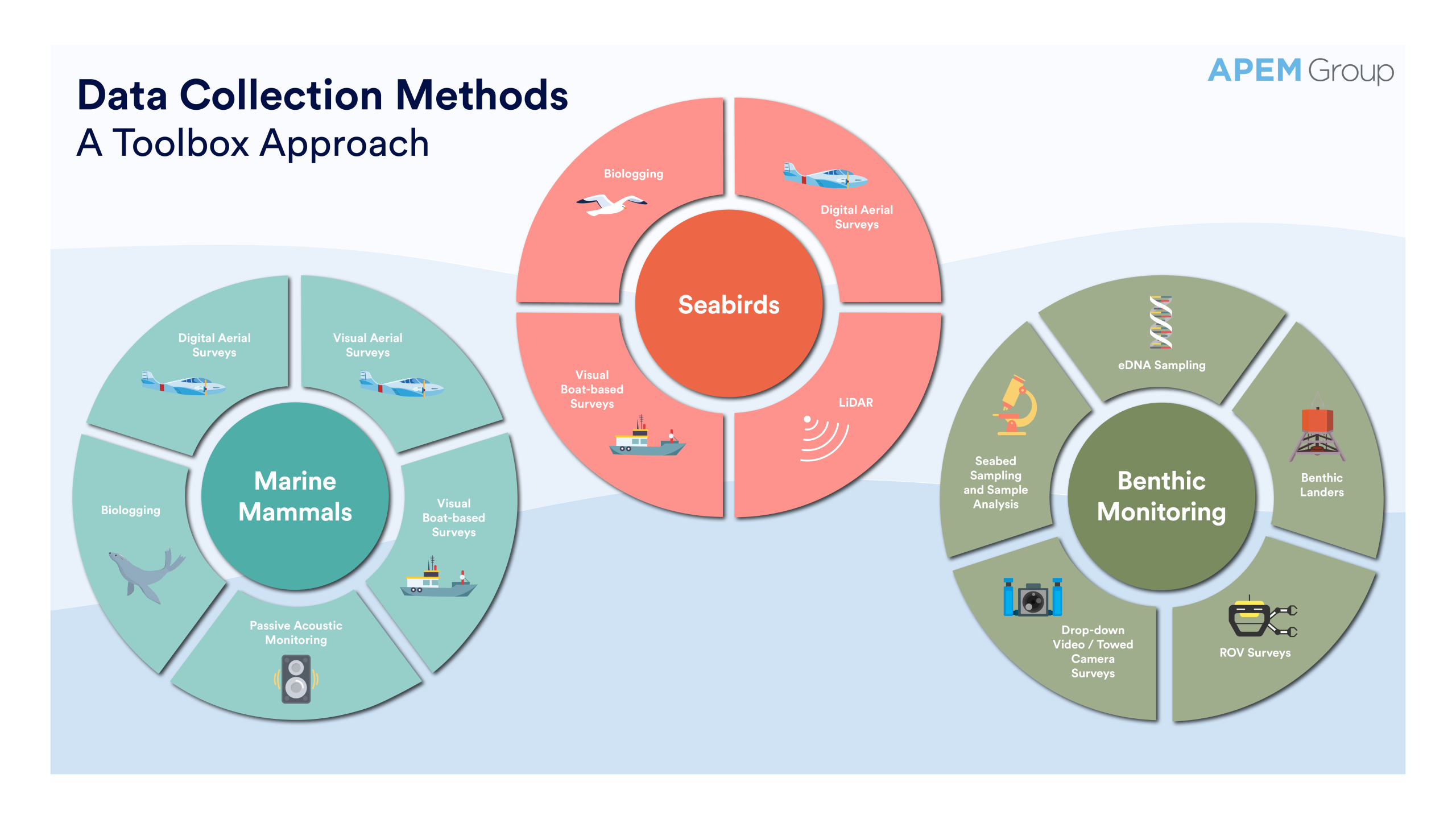 Infographic showing APEM Group’s toolbox approach to data collection methods for offshore wind projects, including marine mammal surveys, seabird monitoring, and benthic sampling techniques.