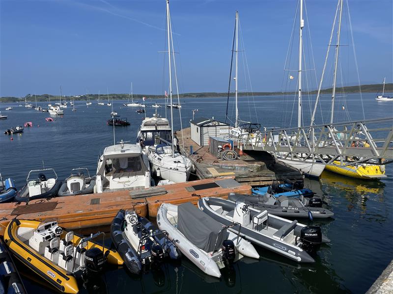 Marina in Ireland with pontoons and multiple moored leisure vessels, highlighting typical marina infrastructure surveyed as part of marine invasive non native species monitoring. © National Parks and Wildlife Service (NPWS)