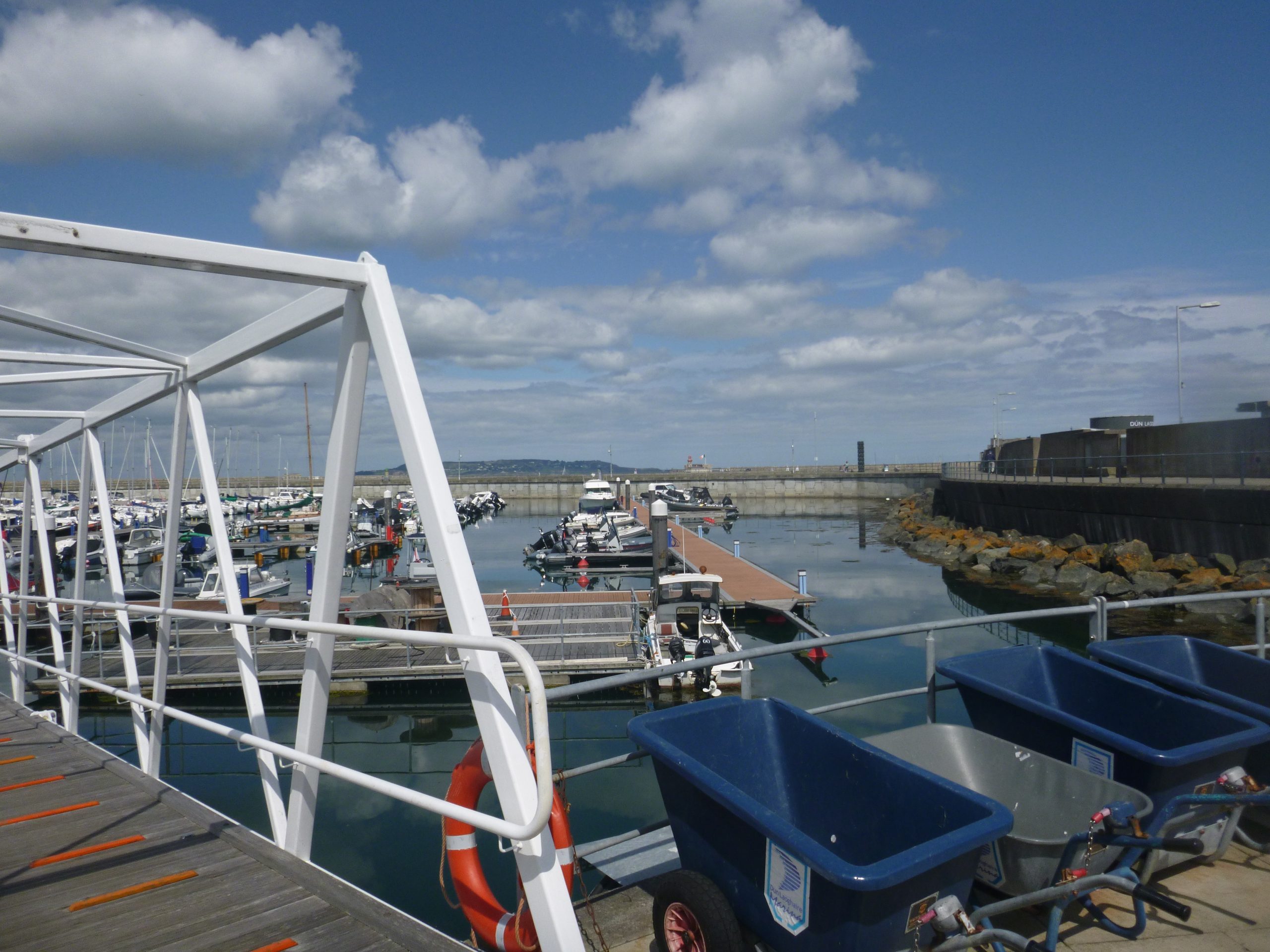 Floating marina pontoon with moored leisure vessels in an Irish harbour, showing access points and marina structures inspected during marine invasive non native species surveys. © National Parks and Wildlife Service (NPWS)