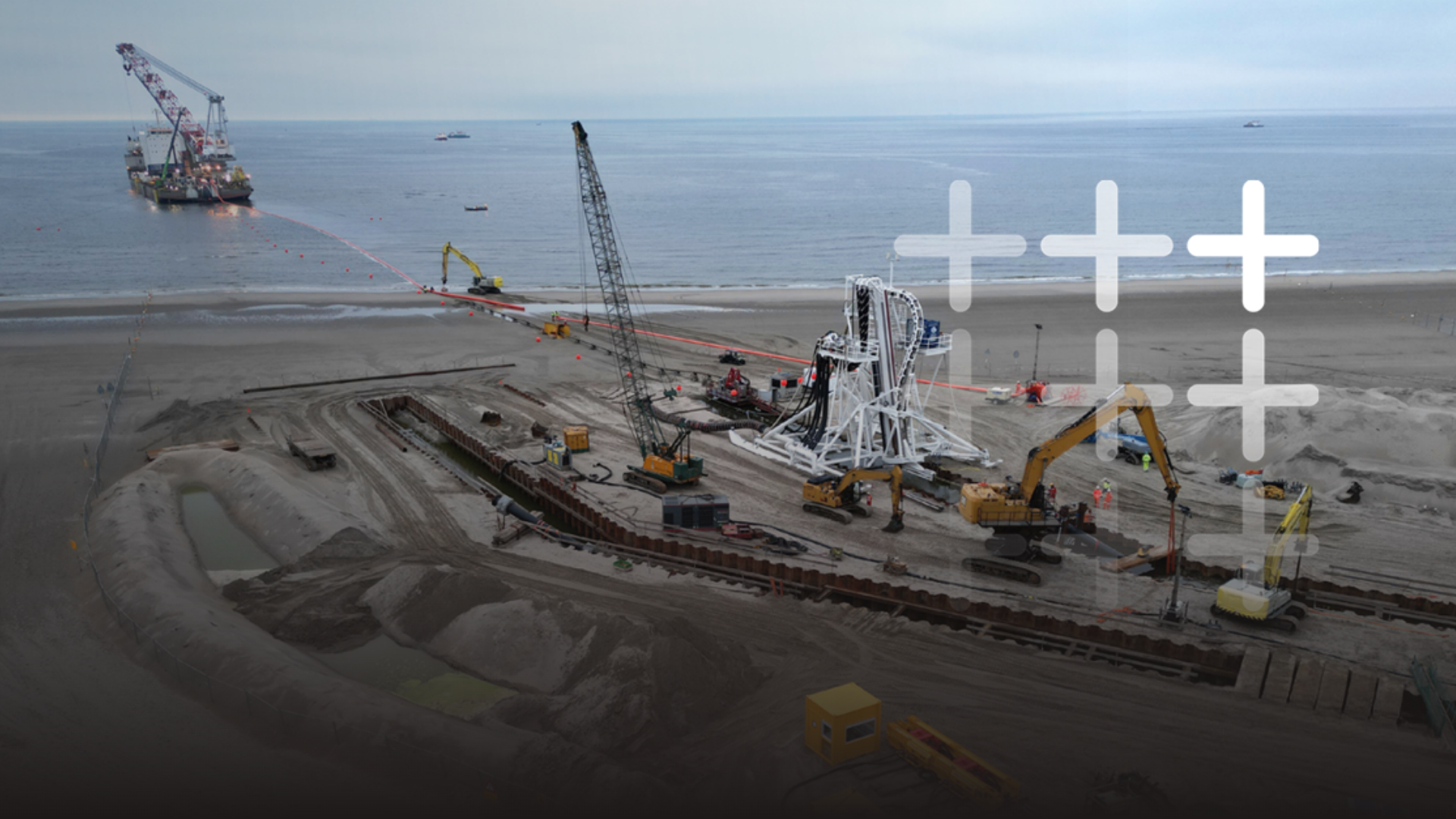 Offshore export cable landfall construction with cable installation vessel, beach works and marine infrastructure in the UK