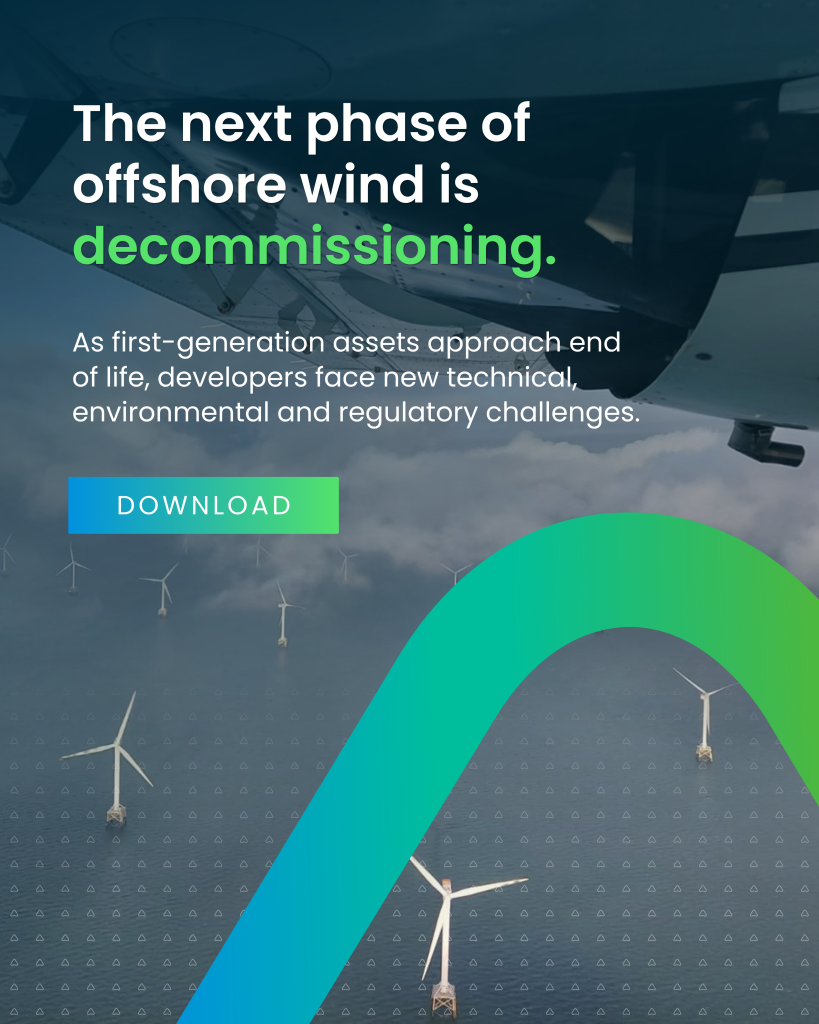Offshore wind decommissioning capability statement showing offshore wind turbines and highlighting environmental, technical and regulatory challenges facing end-of-life offshore wind assets.